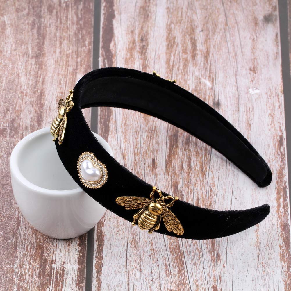 Vintage Black Band Simulated Pearl Bead Flower Hairbands for Women Fashion Alloy Metal Glass Rhinestone Crystal Bee Butterfly Headband Jewelry (Insect)