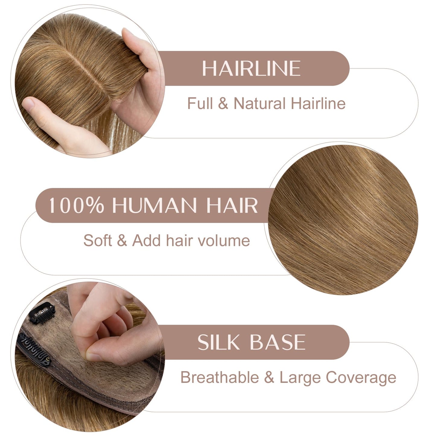 Fellissy Human Hair Topper for Women Hair Toppers for Women Real Human Hair with No Bangs Toppers Hair Pieces for Thinning Hair 6 Inch #06 Dark Linen