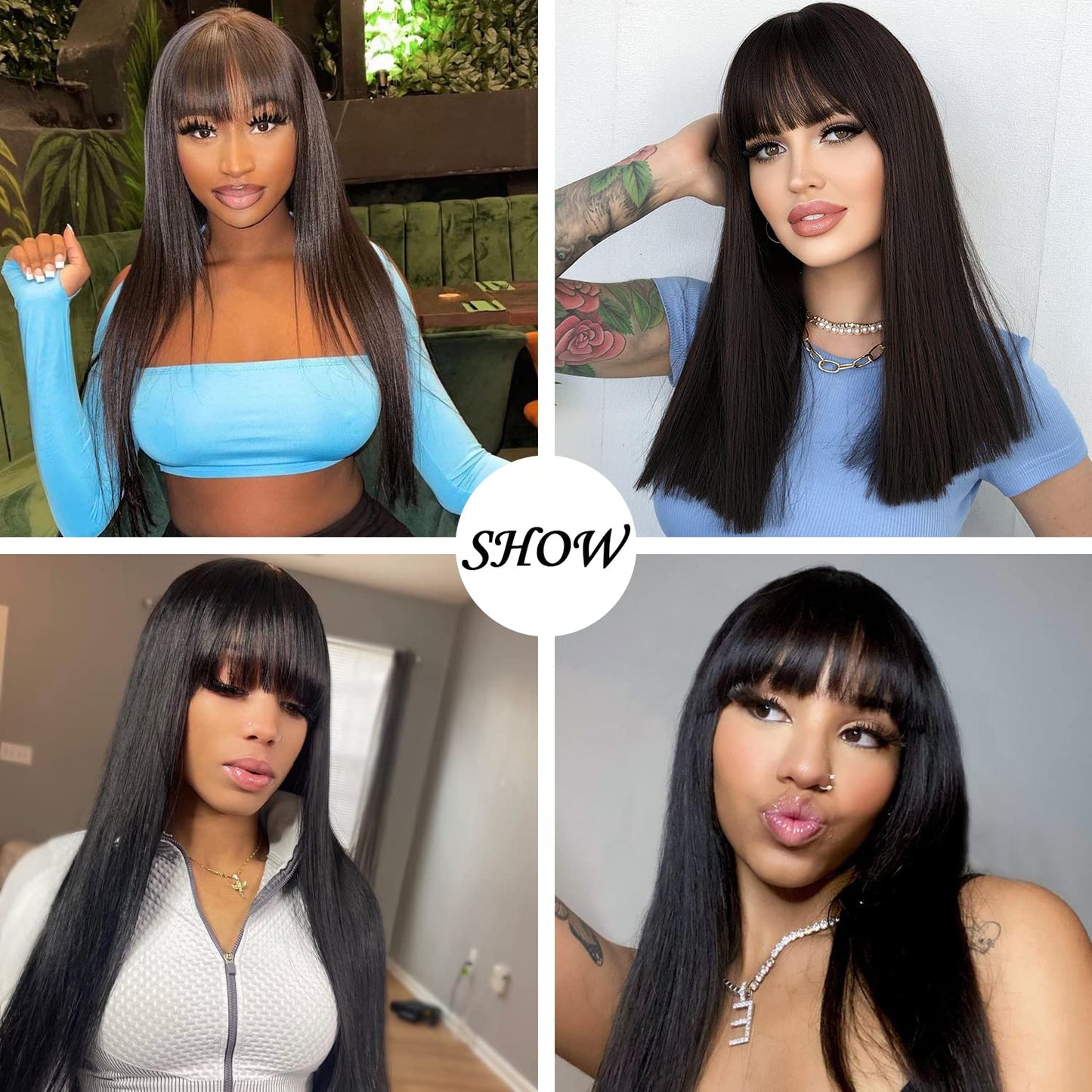 Singolas Long Black Wig with Bangs Straight Wigs for Women High Density Middle Part Black Hair Wigs Synthetic Wigs for Daily Party Use 20’’