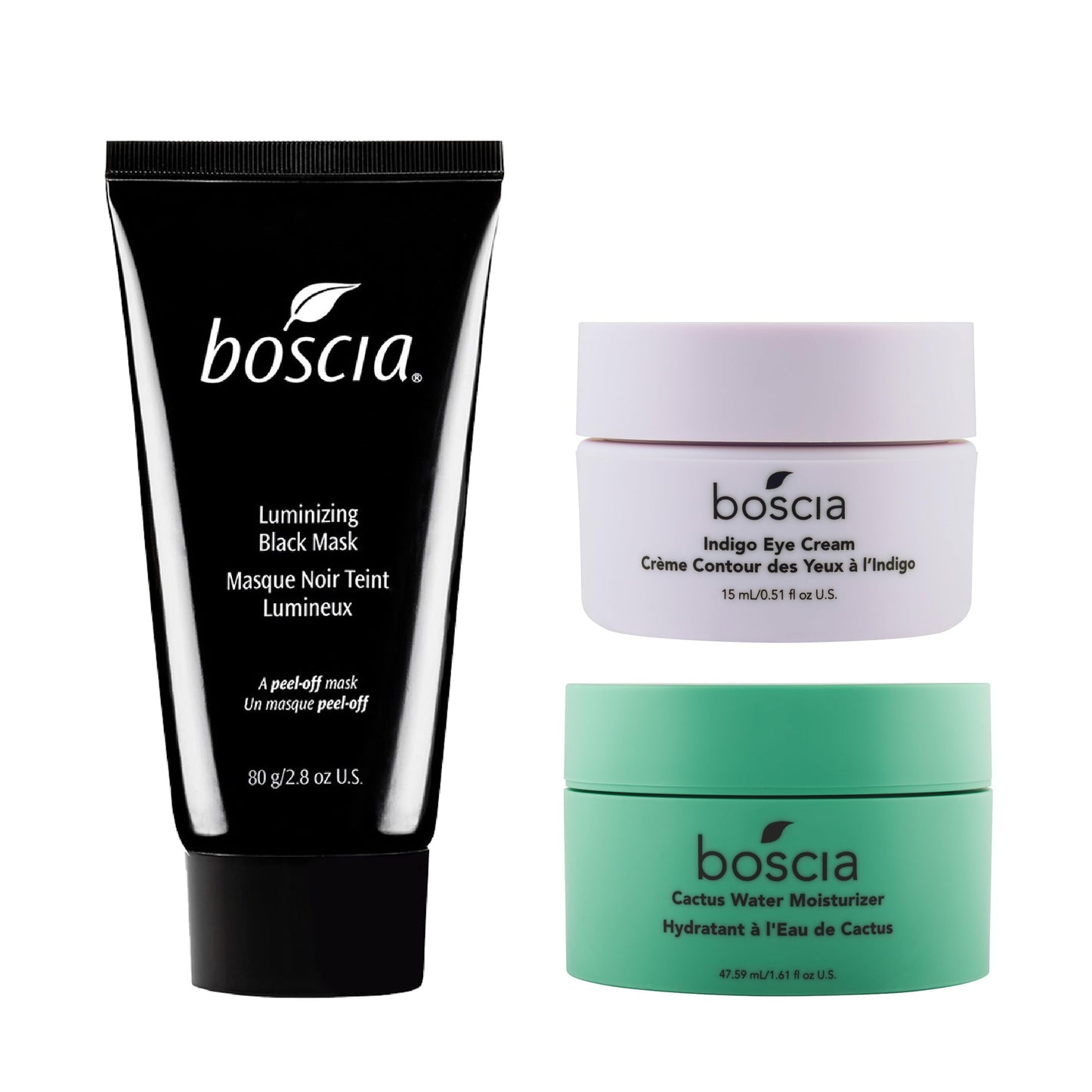 BOSCIA - Luminizing Charcoal Mask, Indigo Eye Cream, & Cactus Water Moisturizer - Vegan, Cruelty-Free, Natural Skin Care - Bundle