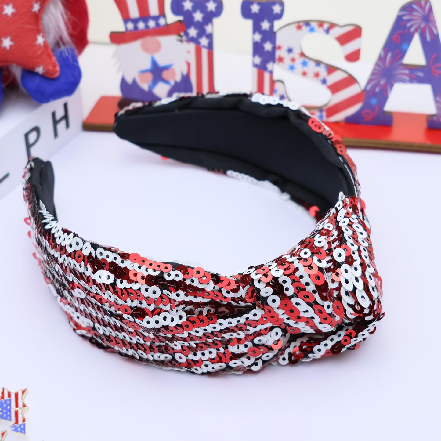 VHWMHEAD 4th of July Headbands - 4th of July Sequin Knotted Headbands for Women Girls Red White Hairband Sparkly Wide Hair Bands Glitter Headband Patriotic Hair Accessories