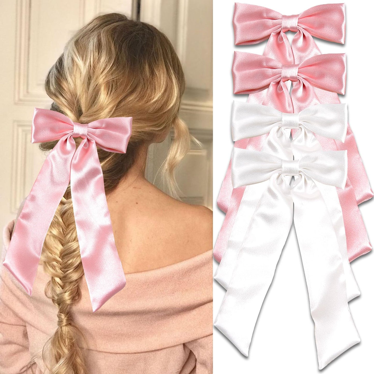 SAWINDA Solid Silky Satin Hair Bows for Women Wedding Party Pink Bow Hair Ribbon Clip with Long Tail White Hair Ribbon Ponytail Holder Accessories Slides Metal Clips Hair Bow for Women Girls