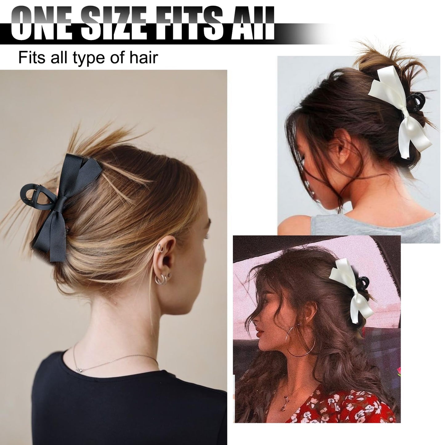 Vodolo Bow Hair Claw Clip for Women Girls,3PCS Nonslip Big Bows Hair Claws Barrette for Thick Thin Hair (Black +White)