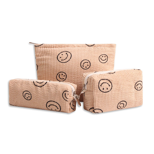 Gardsell 3Pcs Smile Corduroy Cosmetic Bag Makeup Bag Aesthetic Preppy Makeup Bags for Women Girls Corduroy Toiletry Pouch Travel Bags Washable Skincare Bag (3Pcs khaki)