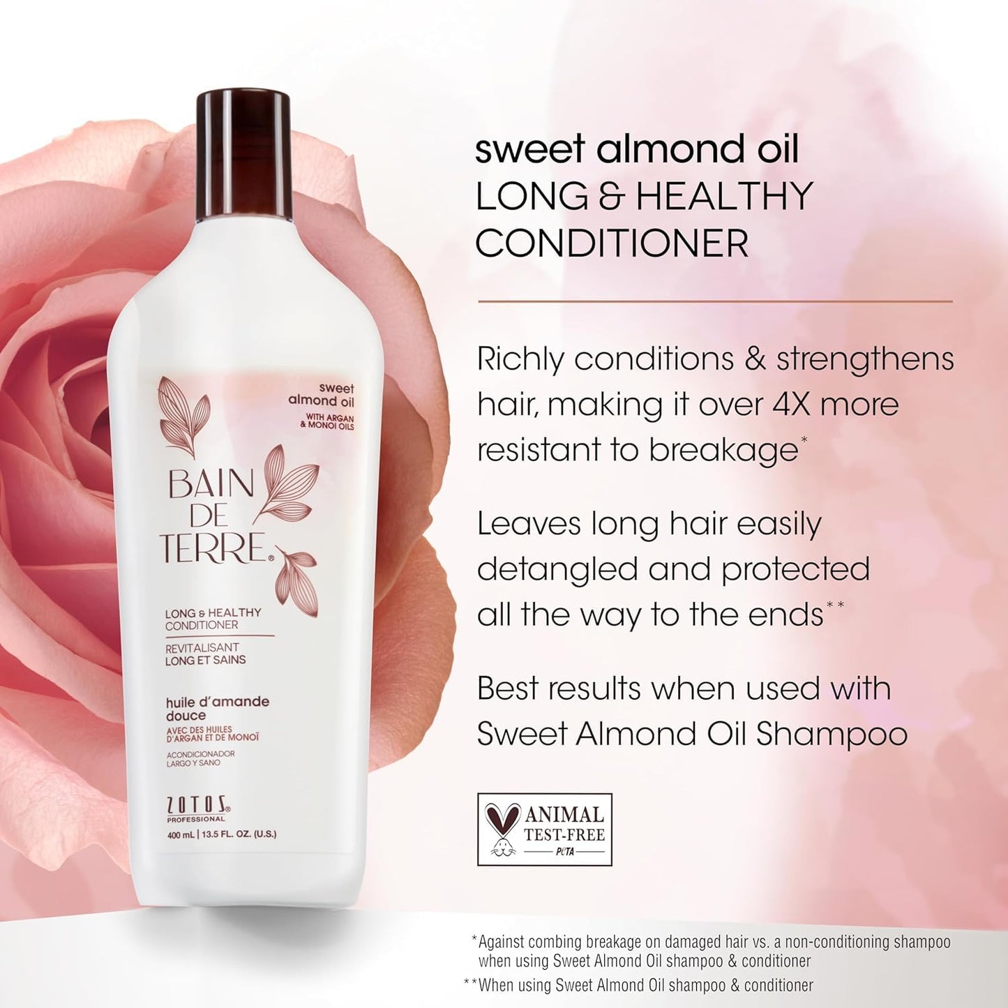 Bain de Terre Long & Healthy Shampoo and Conditioner Set & Shine Serum | Sweet Almond Oil | Fortifies & Strengthens Long, Growing Hair | Paraben Free | Color-Safe | 13.5 Fl Oz