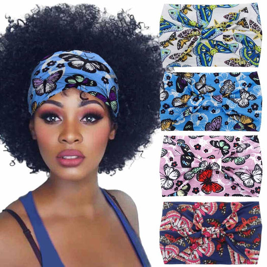 Aceorna Boho Butterfly Headbands - Knotted Floral Printed Stretch Hairbands, Elastic Turban Head Wraps for Women and Girls, Pack of 4 (Butterfly C)