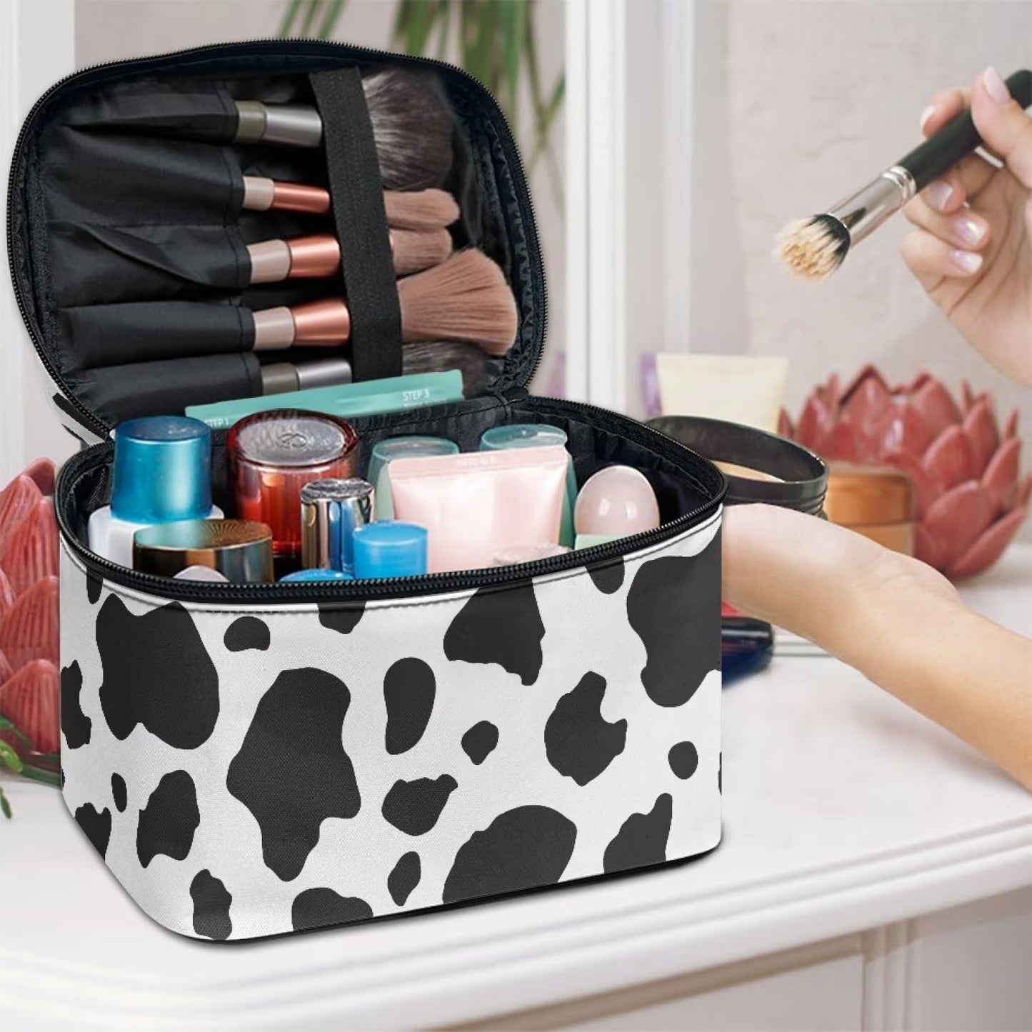 Psaytomey Makeup Brush Bag Black White Cow Print Cosmetic Brush Case Travel Essentials Accessories for Toiletries Cute Purse with Zipper Pocket