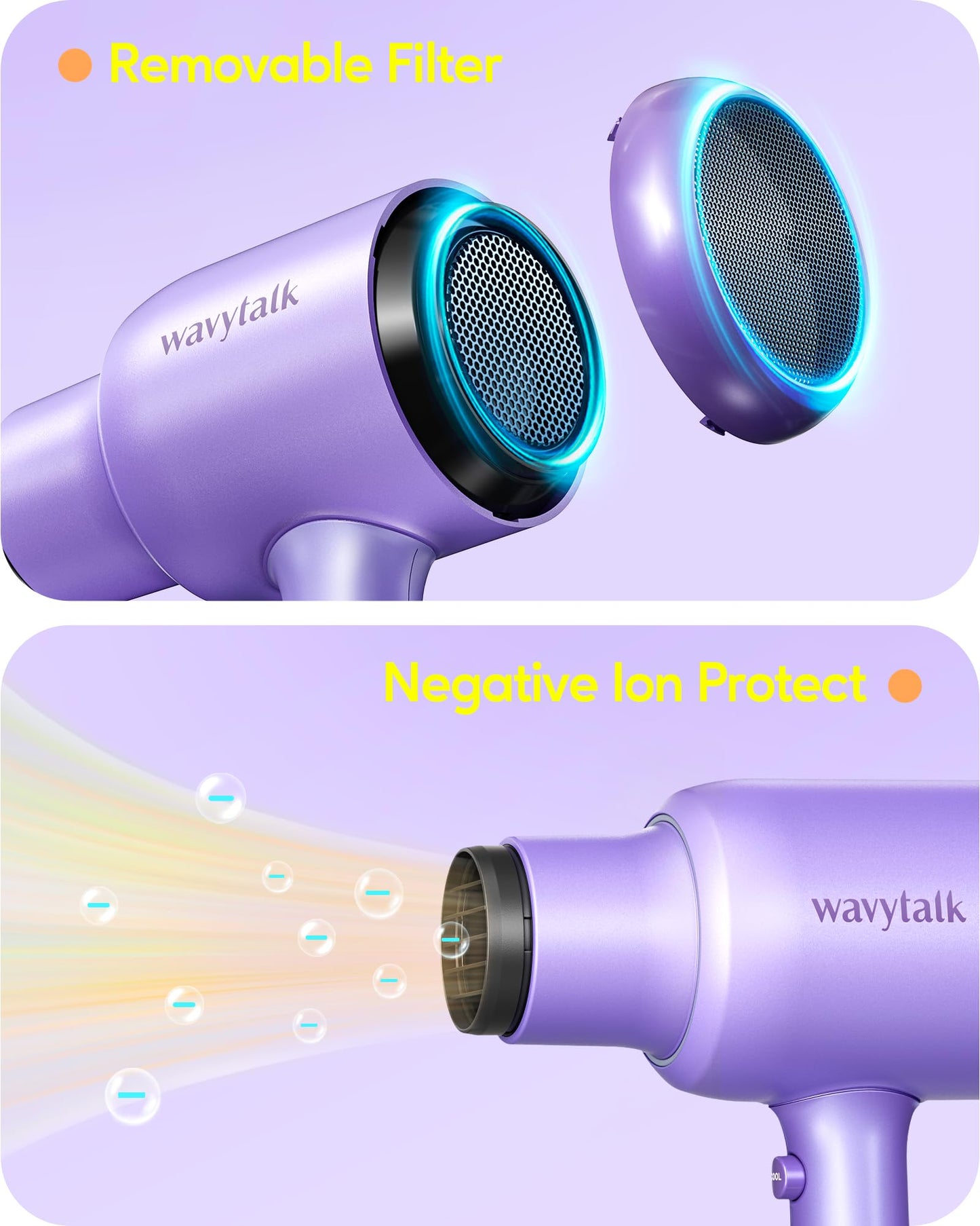 Wavytalk Ionic Blow Dryer with Diffuser - Professional 1875W Hair Dryer for Women and Pro Titanium Straightener and Curler, Dual Voltage for All Hairstyles (Purple)