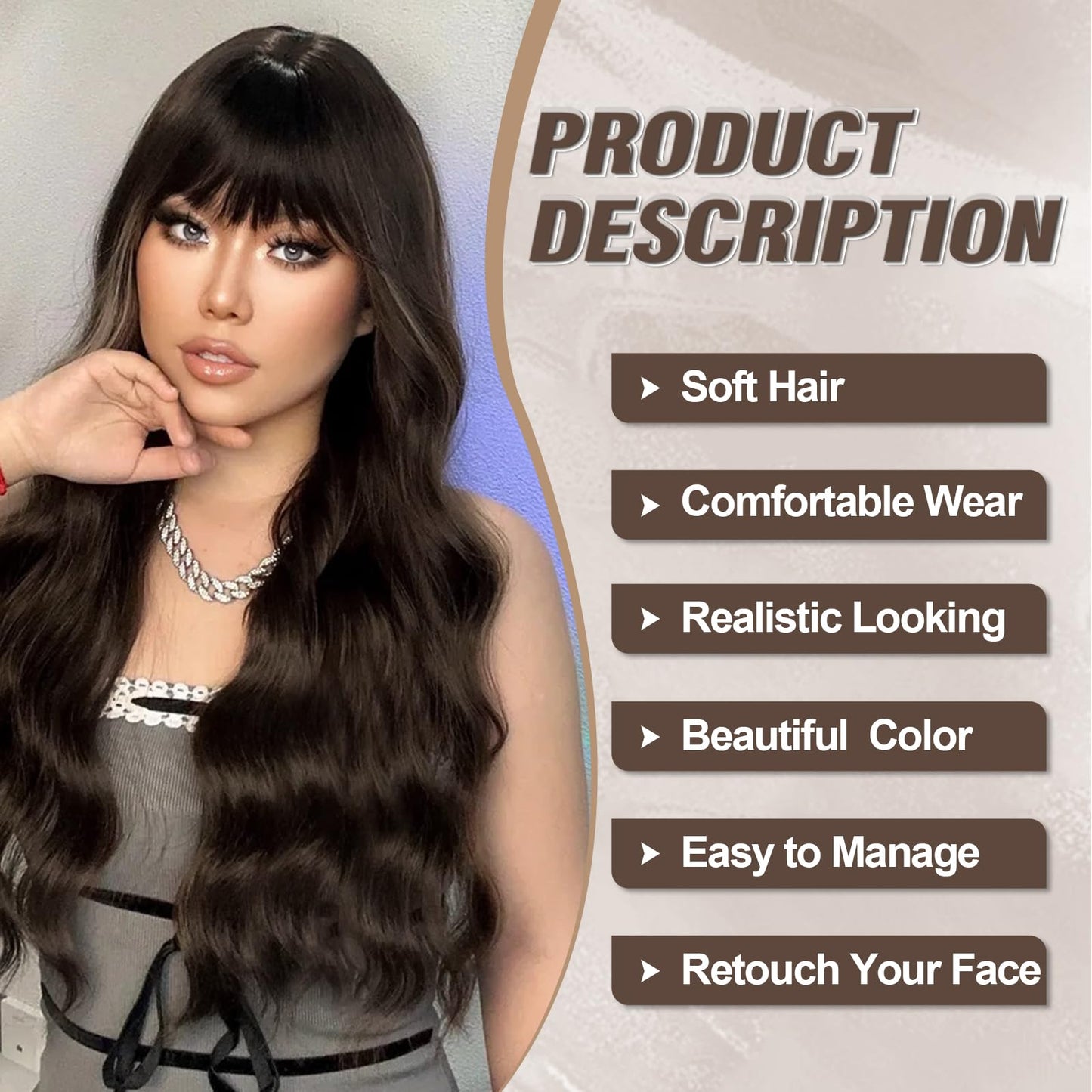 Remy Blue Long Brown Wig With Bangs for Women 26 Inch Long Wavy Hair Wig Brown Hightlight Curly Wavy Wig Natural Looking Synthetic Heat Resistant Fiber Wig for Daily Party Use