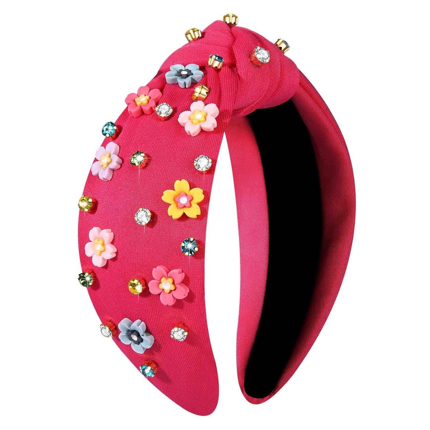 NVENF Floral Headbands for Women Spring Summer Flower Knotted Headbands Crystal Rhinestone Hot Pink Wide Top Knot Headband Beach Summer Hair Accessories Outfits Gifts (Flower E-Hot Pink)