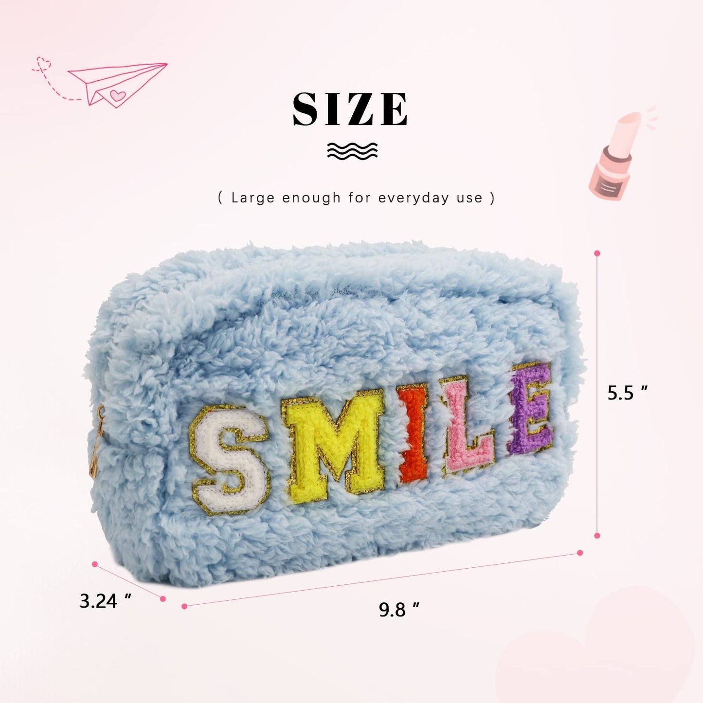 WOLECX Preppy Makeup Bag Cute Fuzzy Chenille Letter Nylon Pouch, Kawaii Plush Small Cosmetic Bag For Purse, Portable Travel Soft Warm Travelling Organizer Bags 12+ (Light Blue Smile)