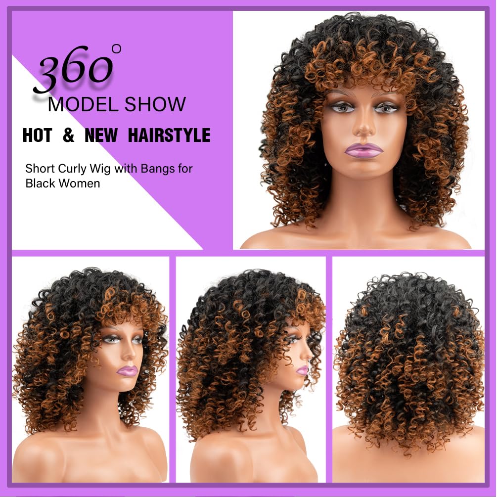 maxknow Curly Wigs for Black Women Fluffy Curly Afro Wig for Women Soft Synthetic Curly Black to Auburn Brown Wig with Bangs Full Wigs for Women Daily Use (1B30 Black to Auburn Brown)