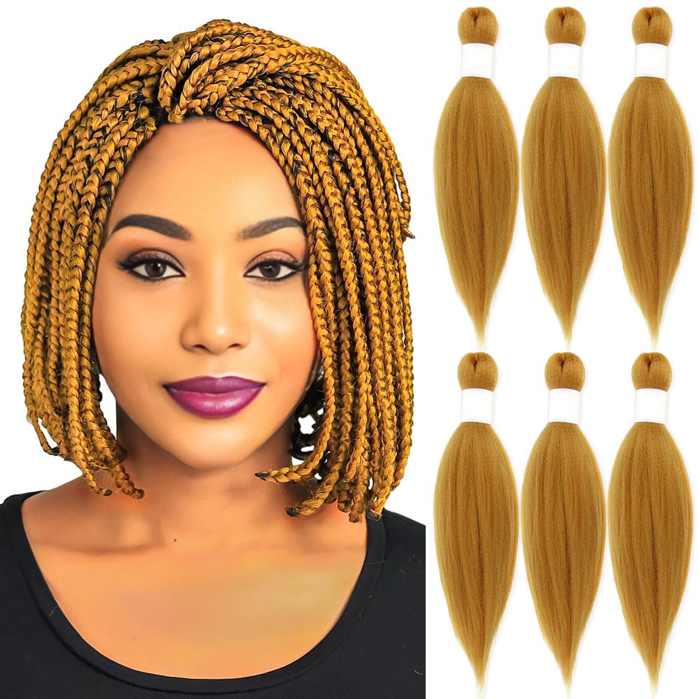 KAVSORAPI Gold Braiding Hair 10 Inch Pre Stretched Hair Colored Short Straight Crochet Braids Yaki Texture Synthetic Hair 6 Packs (Gold)