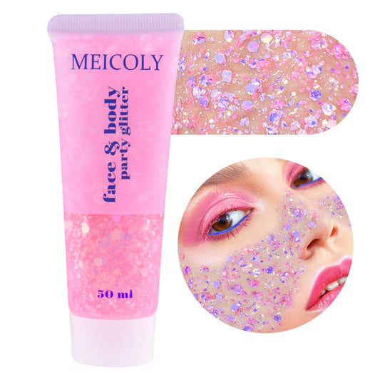 MEICOLY Chameleon Light Pink Body Glitter,Chunky Face Glitter Paint,Color Changing Mermaid Face Glitter Gel,Holographic Glitter Sequin for Face Body Hair,Festival Party Cheer Glitter Makeup,50ml