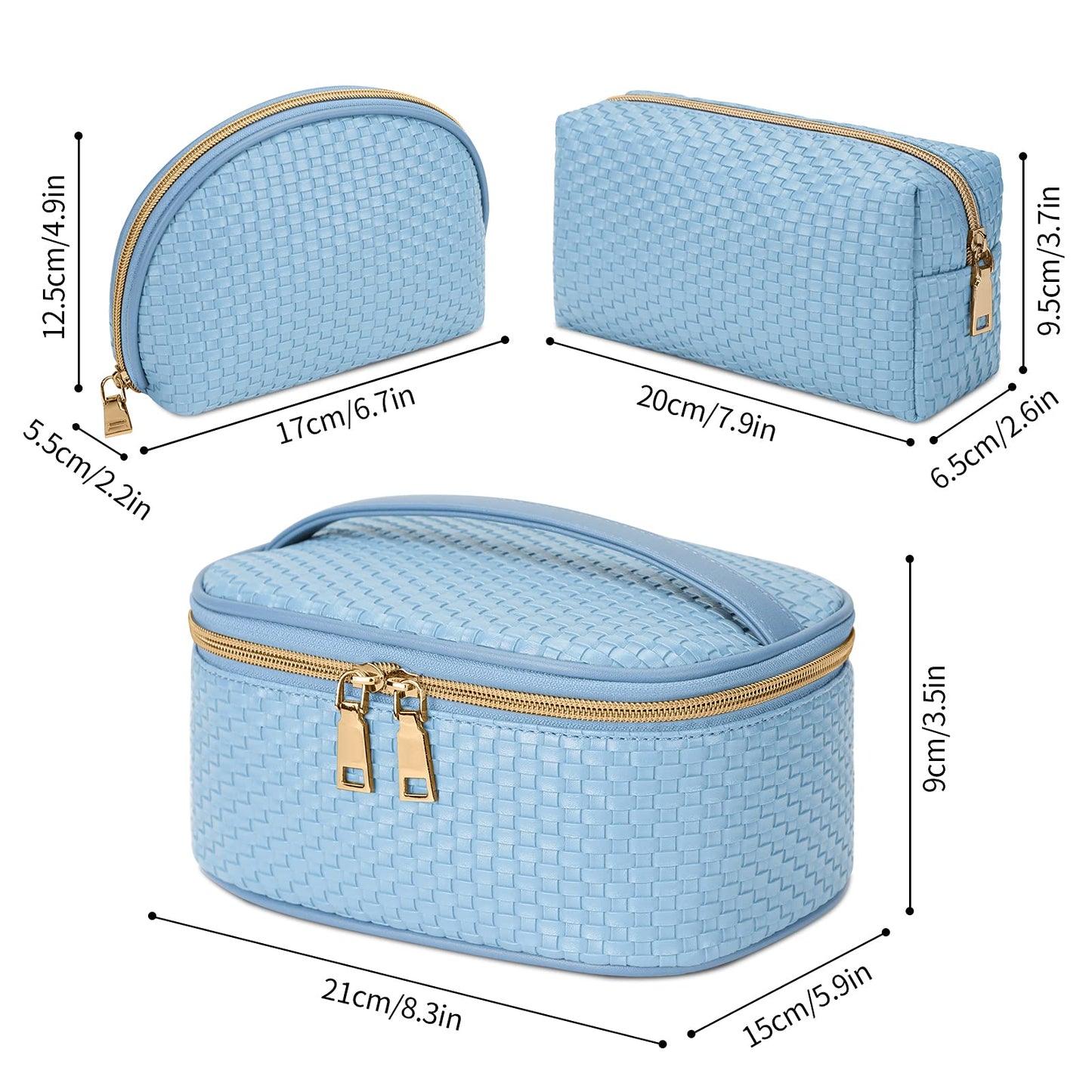 KTMOUW Makeup Bag 3 Pcs Waterproof Cosmetic Bag Set Portable Travel Cosmetic Bag Multifunction Organizer Storage Bag Weave Toiletry Bag for Women, Light Blue