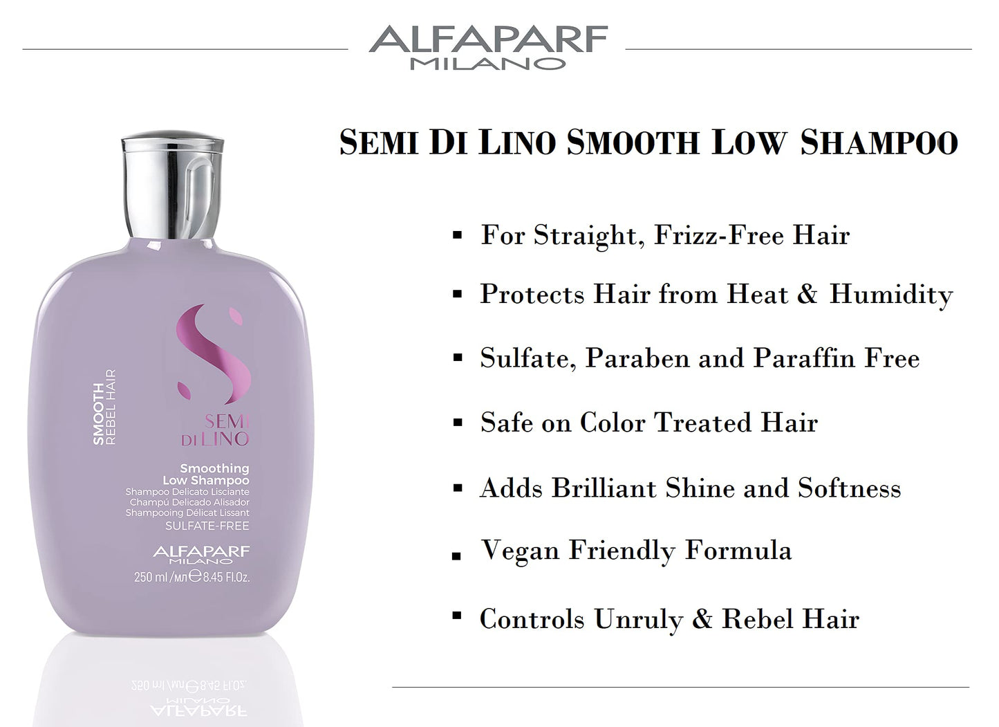 ALFAPARF MILANO Semi Di Lino Smooth Low Shampoo (8.45 oz) and Conditioner (6.76 oz) - for Frizzy and Rebel Hair - Sulfate Free - Straightens and Detangles - Controls Frizz - Hydrates and Smoothes