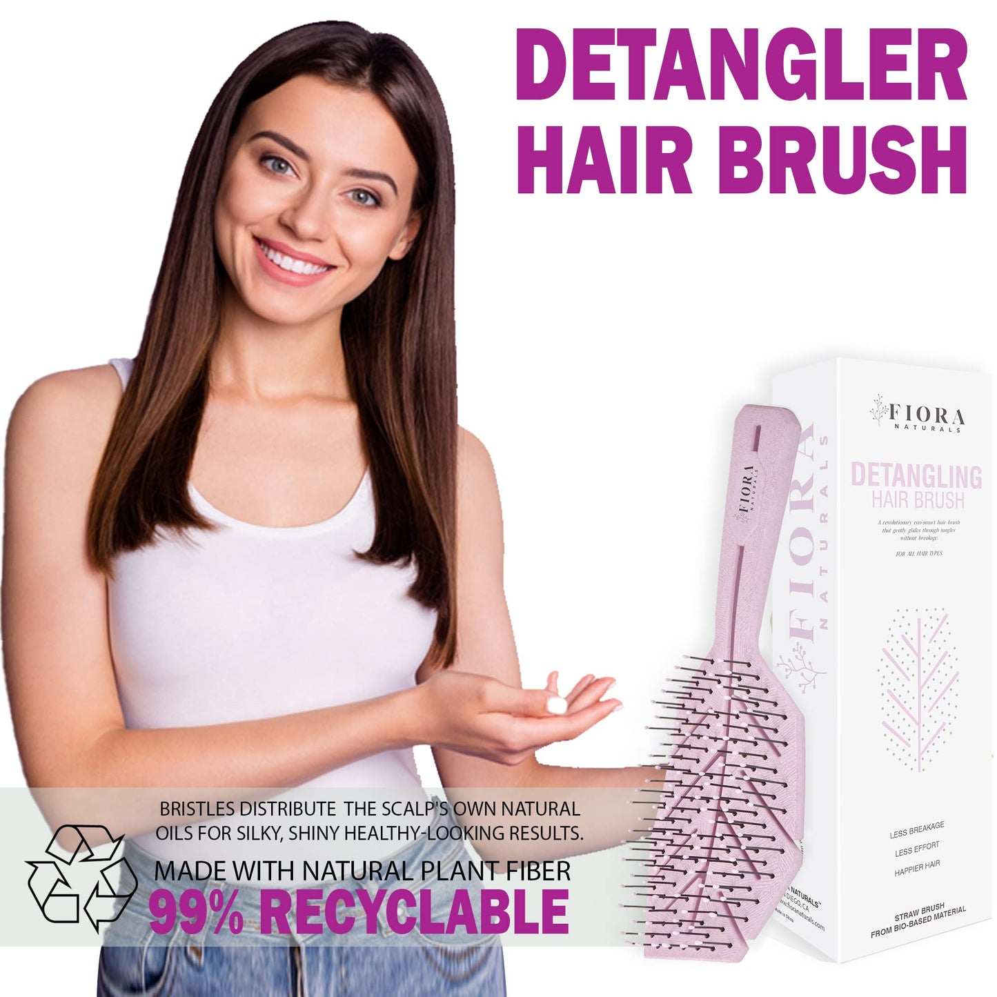 Fiora Naturals Hair Detangling Brush -100% Bio-Friendly Detangler hair brush w/Ultra-soft Bristles- Glide Through Tangles with Ease - For Curly, Straight, Women, Men, Kids, Toddlers, Wet and Dry Hair