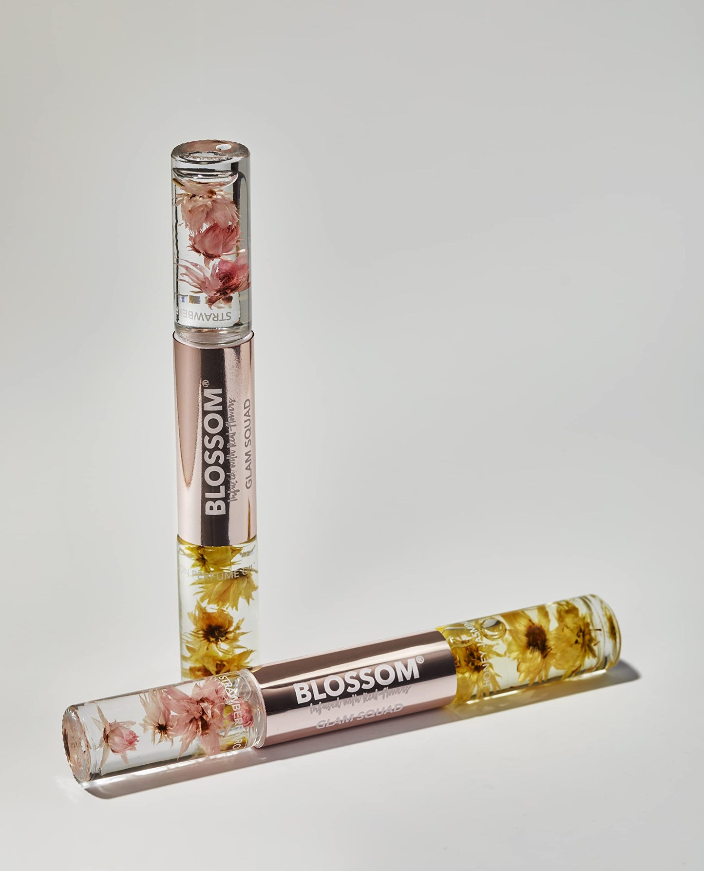 Blossom Glam Squad - Moisturizing Roll on Lip Gloss (0.1 fl. oz/6g) + Roll on Perfume Oil (0.1 fl. oz/6g), Infused with Real Flowers, Made in USA, 0.2 fl. oz./12g, Strawberry/Honey Jasmine