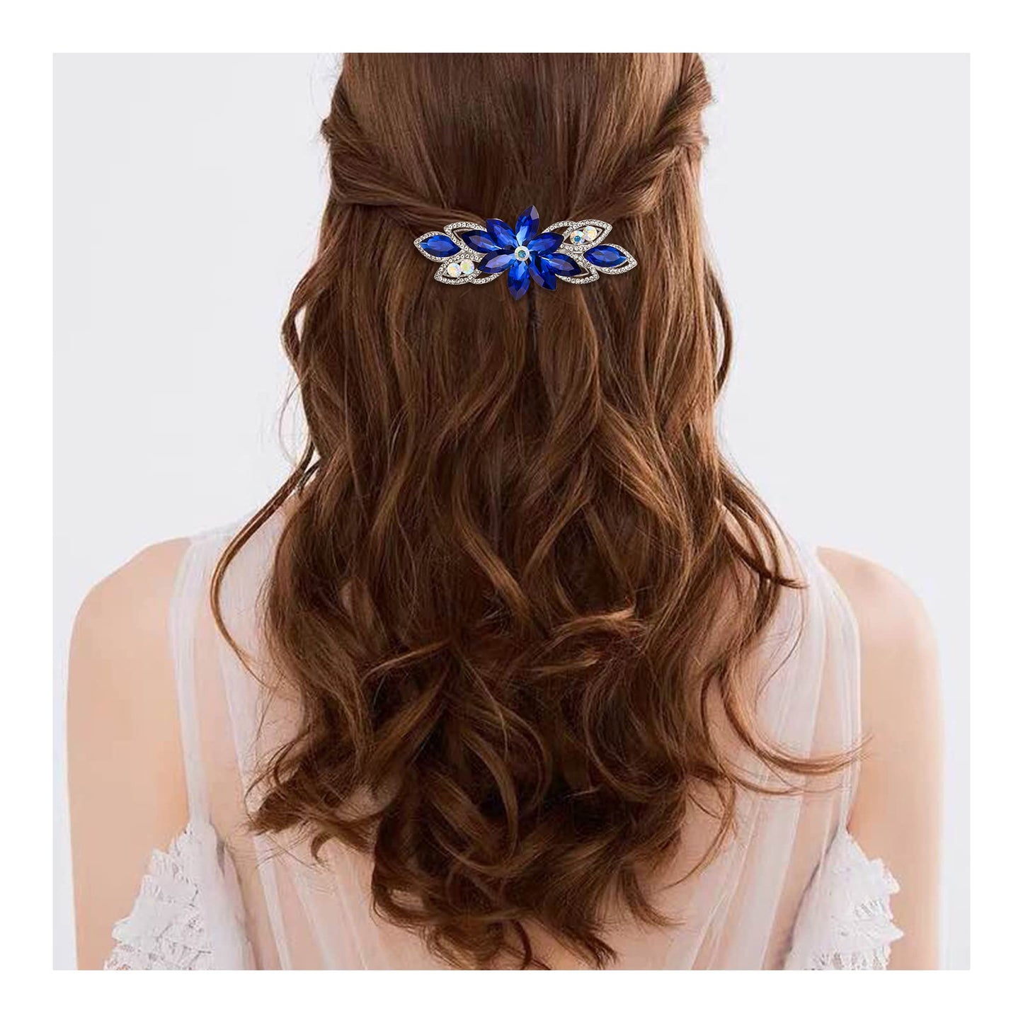 EVER FAITH Wedding Rhinestone Flower Leaf Hair Barrette Clip, Elgant Marquise Crystal Hair Accessories for Women Blue Silver-Tone