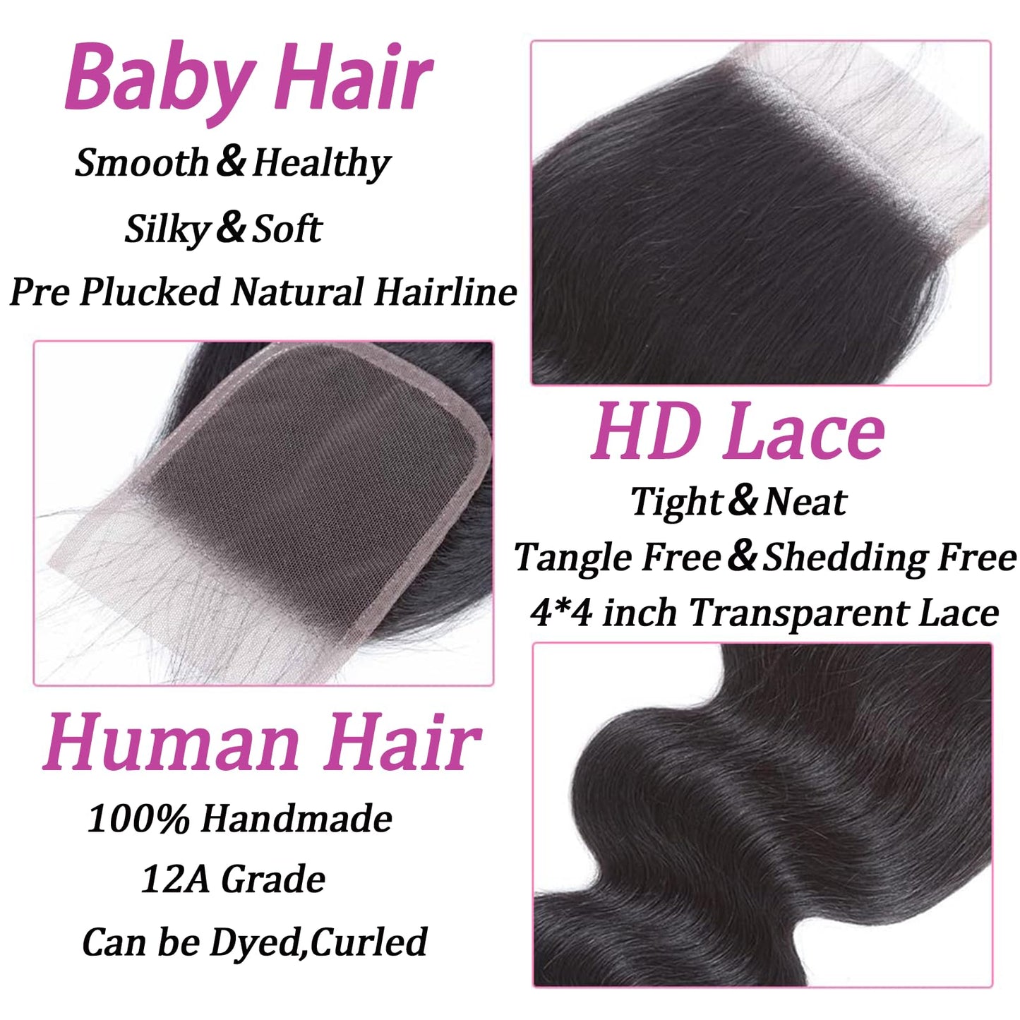 4x4 Transparent HD Lace Closure Only Body Wave Hair Closure Invisible Lace Closure 12A Brazilian Virgin Remy Human Hair Lace Closure Pre Plucked with Baby Hair Natural Black (22 Inch)