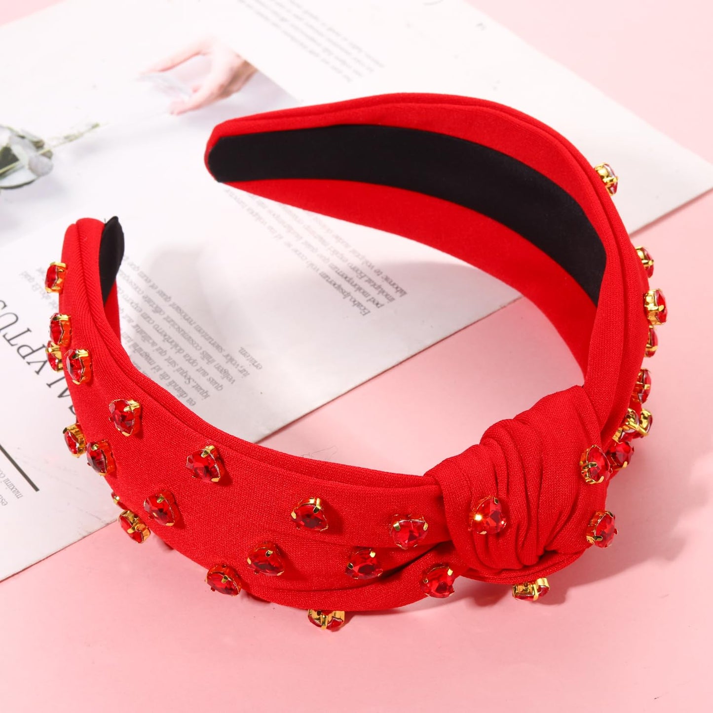 CENAPOG Crystal Red Headbands for Women Valentine's Day Heart Rhinestone Wide Crystal Hair Bands Knot Turban Headband for Girls Bridal Hair Hoop Wedding Headwear Hair Accessories Gifts (Red)