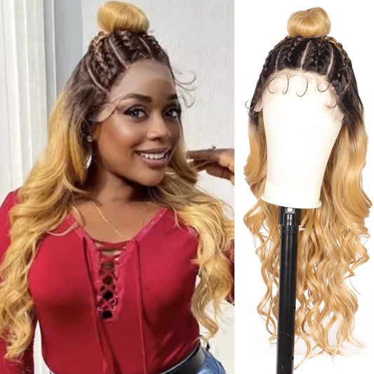 Kalyss Ombre Blonde Updo Bun Double U Part Lace Front Pre Braided Wigs with Baby Hair for Women Japan-made High Temperature Human Hair Blended Lace Frontal Ocean Wave Wigs