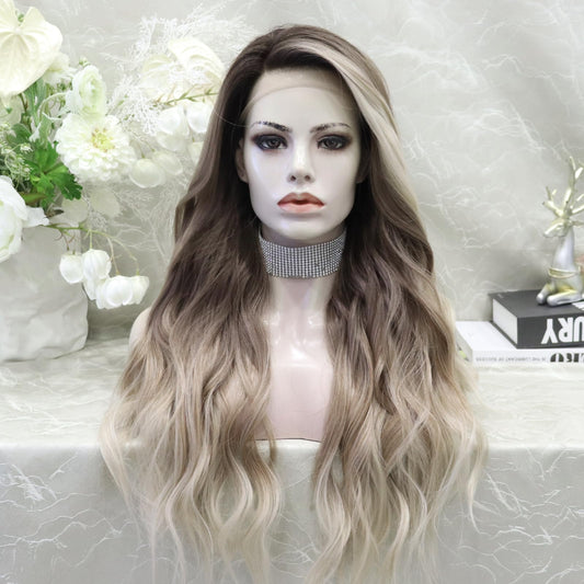 IMSTYLE Long Ombre Brown Wig: 13x4 Synthetic Lace Front Wig, Free Part Natural Hairline Long Wavy Wig Heat Resistant Fiber Daily Wigs Hair Replacement Wig Cosplay Costume Halloween Wigs (Ombre Brown)