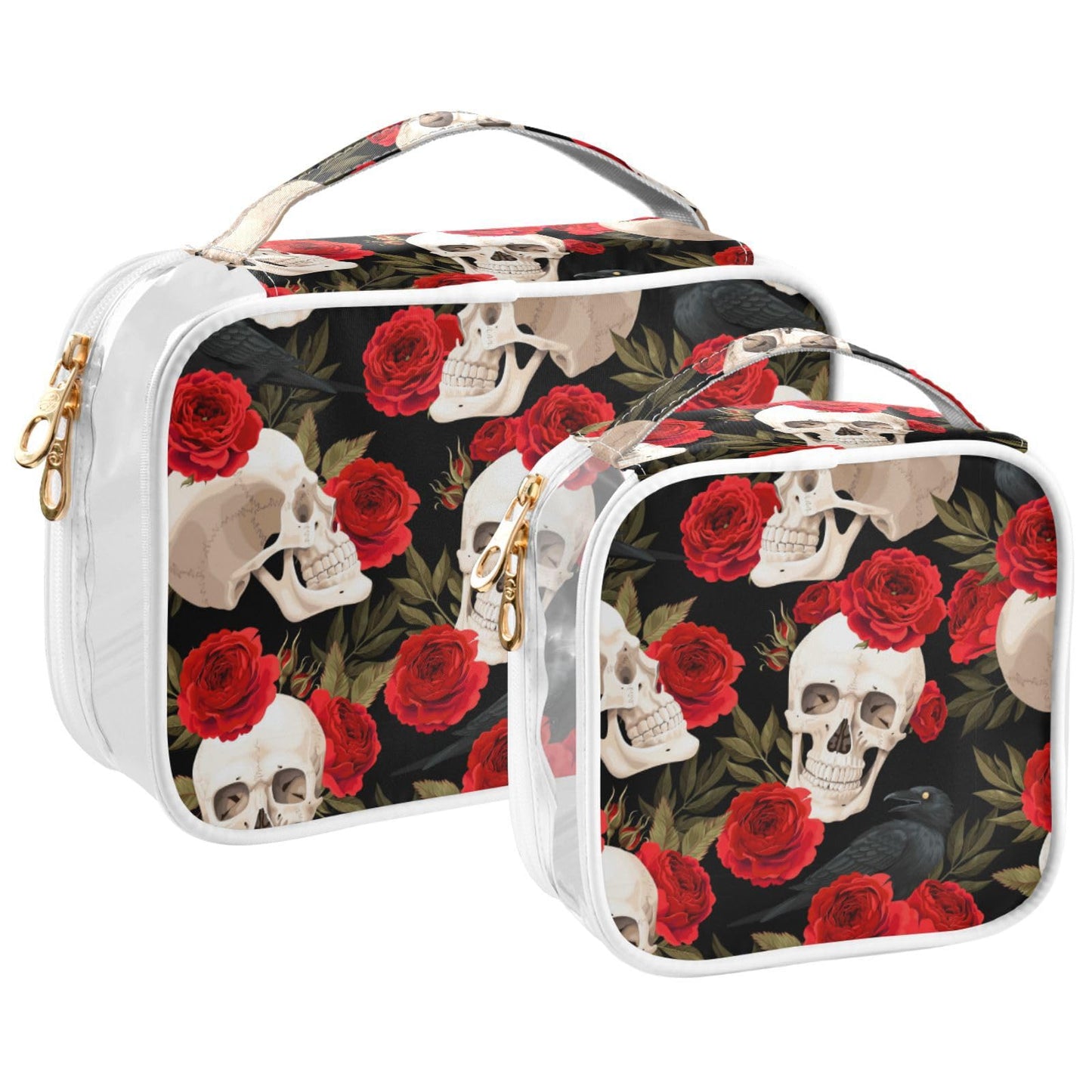 MNSRUU Clear Makeup Bags Red Rose Skull Toiletry Bag for Women 2 PCS Waterproof Clear Bags Clear Travel Toiletry Bag Small Cosmetic Makeup Bag, Carry on Airport Airline Compliant Bag