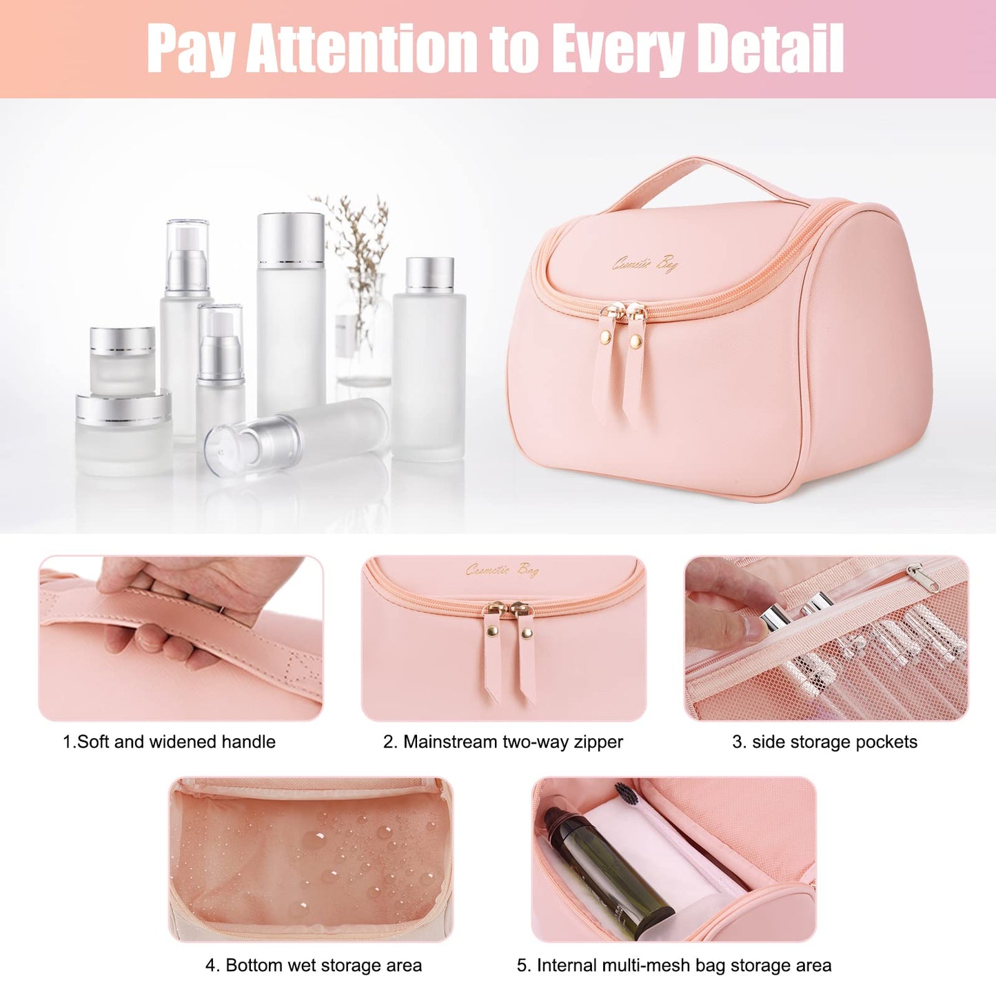 NUFR Large Makeup Bag,PU-Leather Cosmetic Bag,Water-resistant Toiletry Pouch,Portable Travel Essentials Case,Make up Bags for Women Girls (Pink)