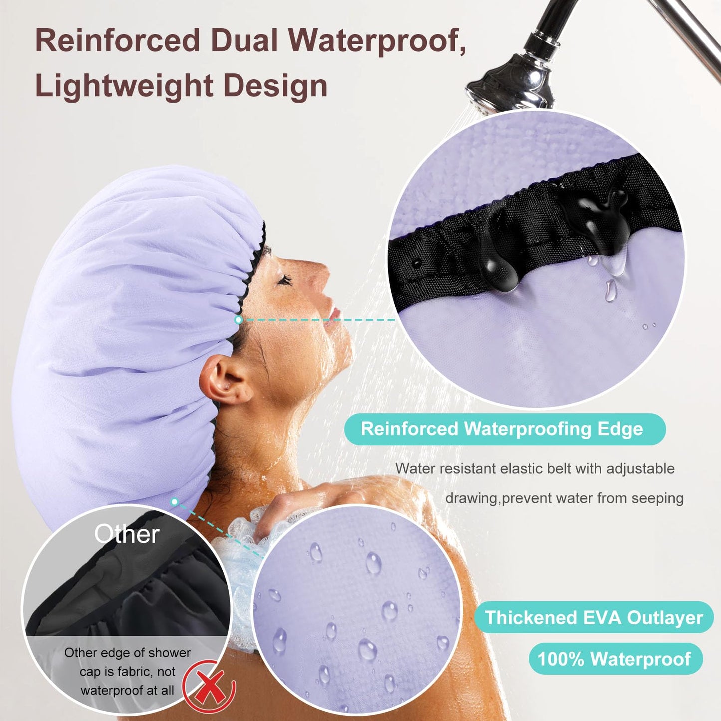 Sheomern 2 Pcs 13.5" Dual Waterproof Design Adjustable Terry Shower Cap for Women and Men, EVA Double Layer Bath Cap Reusable for Braids, Long Hair, Dreadlocks