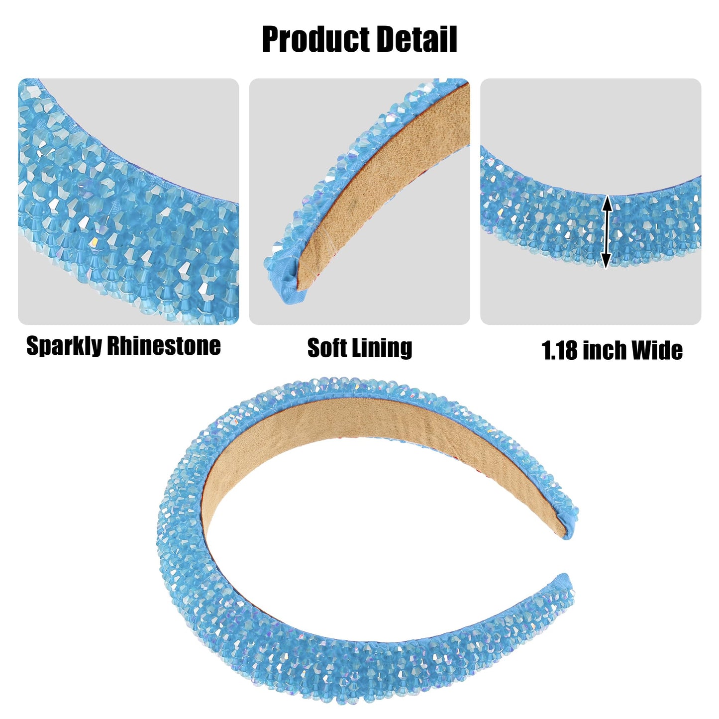 VOCOSTE Rhinestone Headband, Bling Padded Hairband Sparkle Faux Crystal Headbands Hair Accessories for Women, Sky Blue, 1.18 Inch Wide