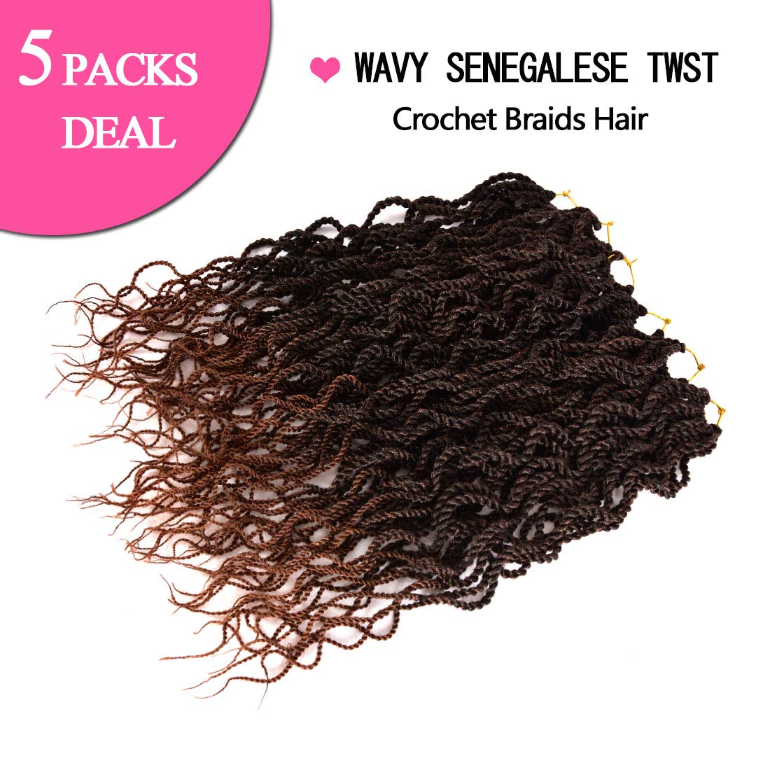 Wavy Senegalese Twist Crochet Hair Braids 18 inch 5 Packs Curly Twist Crochet Hair Braids Wavy Ends Synthetic Hair Extensions For Black Women (1B/30)