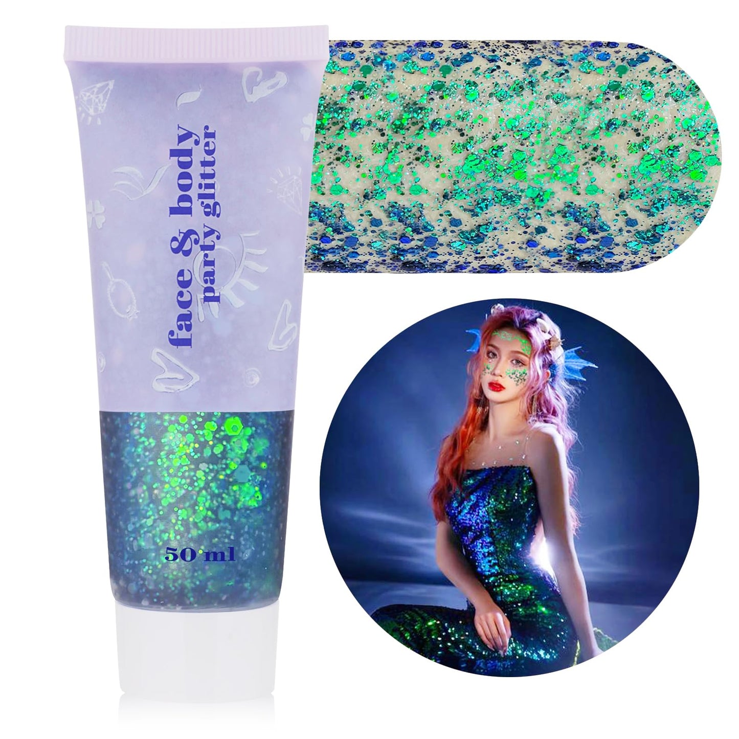 MEICOLY Chameleon Green Body Glitter,Chunky Glitter Face Paint,Color Changing Mermaid Face Glitter Gel,Holographic Glitter Sequin for Face Body Hair,Halloween Festival Party Glitter Makeup,50ml