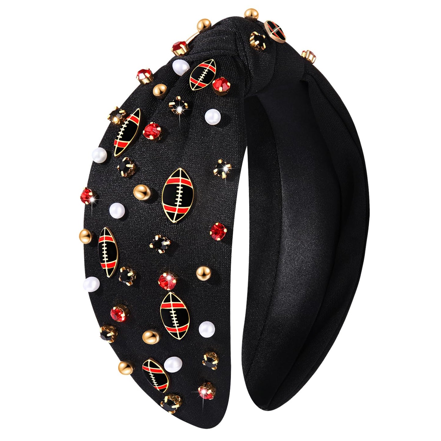 NVENF Football Headband for Women Football Mom Accessories Game Day Football Knotted Headband Jeweled Rhinestone Crystal Wide Top Knot Headband Black Red Game Day Hair Accessory (Red 3)