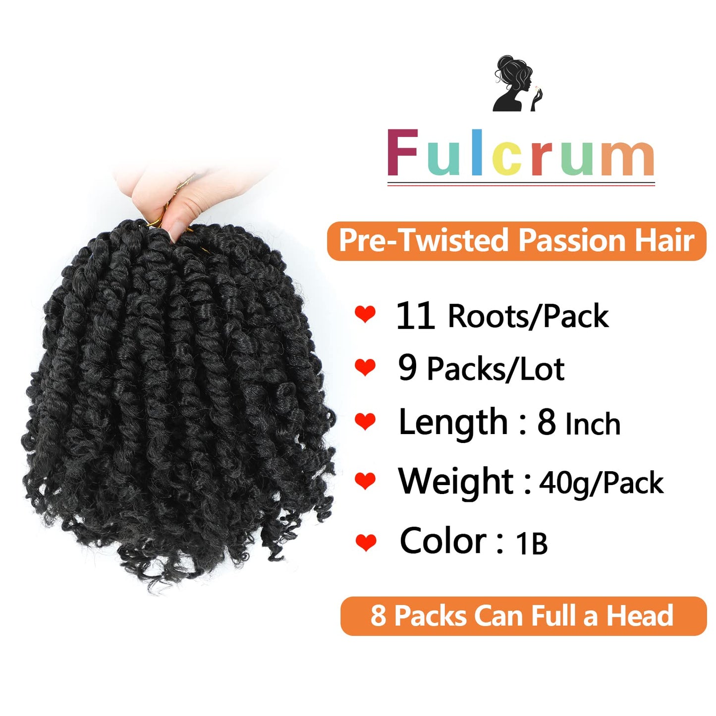 Fulcrum Passion Twist Crochet Hair 8 Inch, 9 Packs Pre Looped Passion Twist Hair, Pre-Twisted Passion Twist Crochet Hair For Black Women (8Inch (Pack of 9), 1B#)