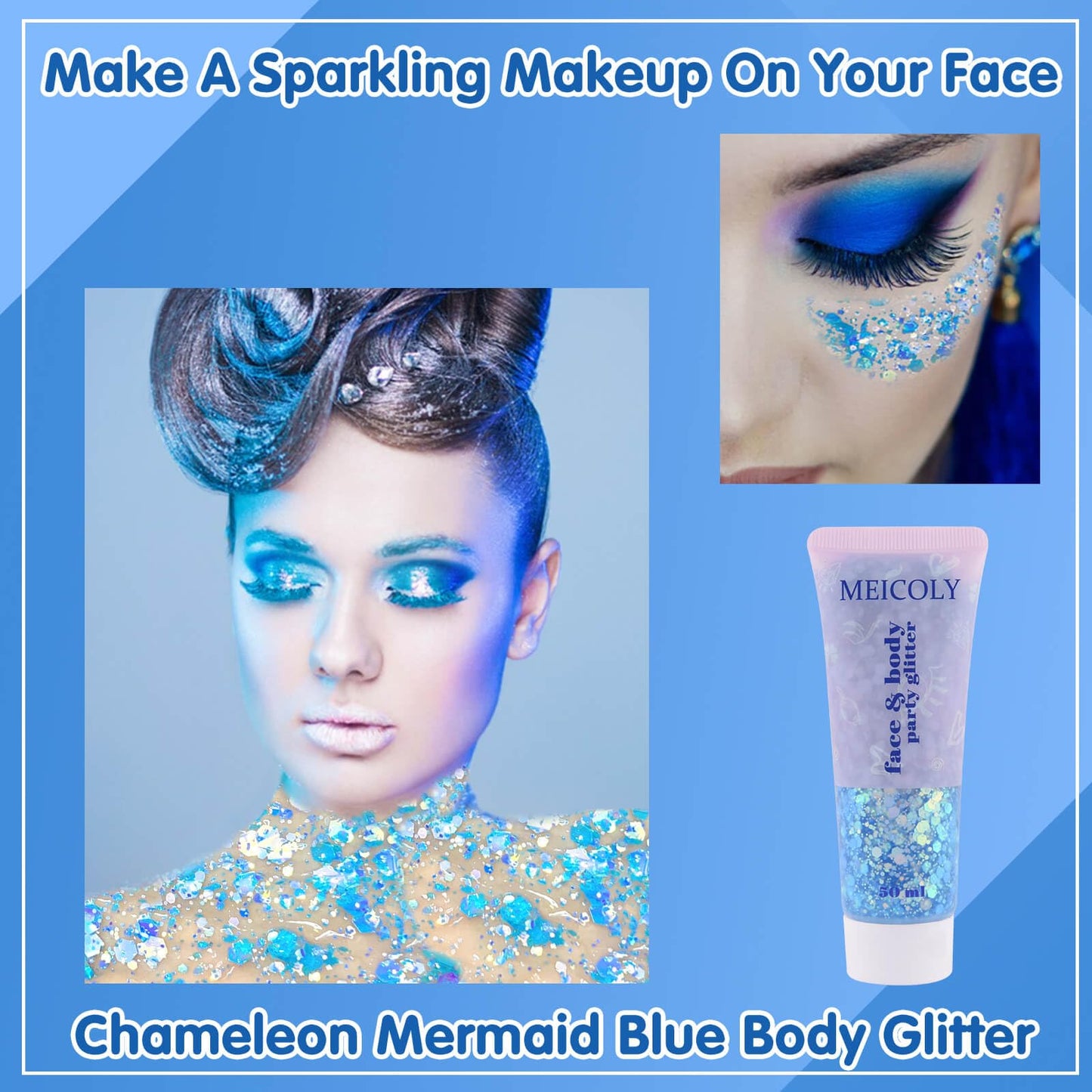 MEICOLY Chameleon Mermaid Blue Body Glitter,Chunky Face Glitter Paint,Color Changing Mermaid Face Glitter Gel,Holographic Glitter Sequin for Face Body Hair,Festival Party Cheer Glitter Makeup,50ml