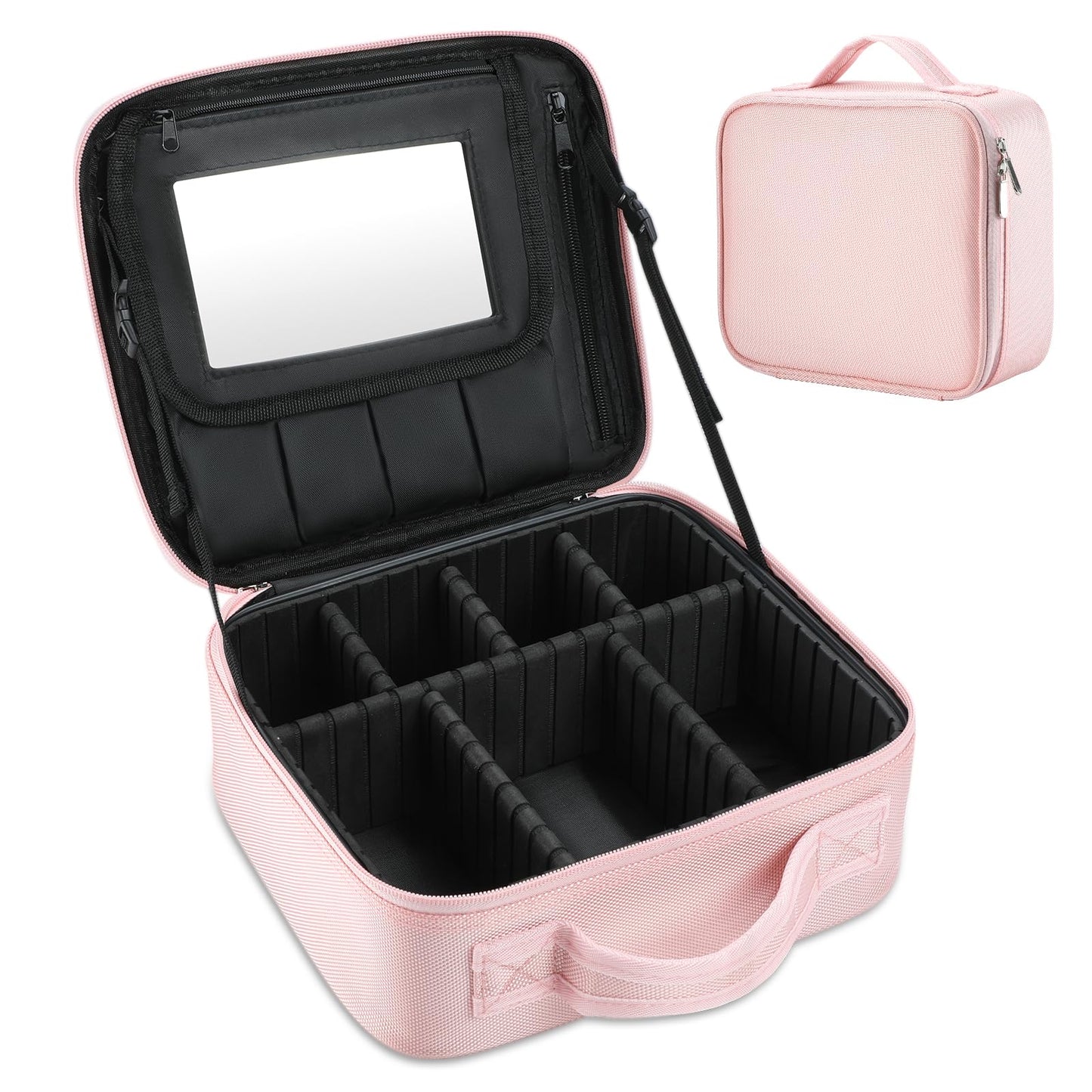 DROWIN Pink Makeup Bag with Mirror, Makeup Bags for Women, Travel Makeup Train Case, Makeup Organizer Bag, Adjustable Dividers & Support Straps, Portable Storage Bag for Makeup Brushes Toiletry