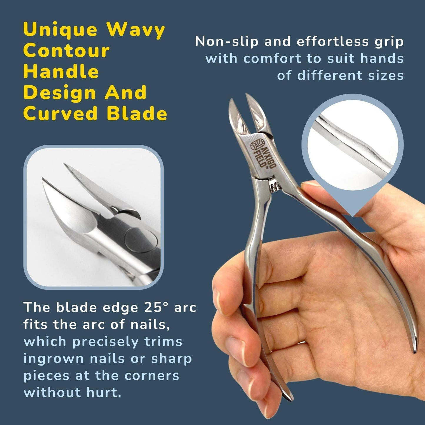 AVXIGO FIELD Professional Ingrown Toenail Clipper for Thick Nails and Seniors - Built-in Compression Coil Spring, Precise Sharp Curved Blade, Surgical Grade Stainless Steel - Microfiber Cloth Included