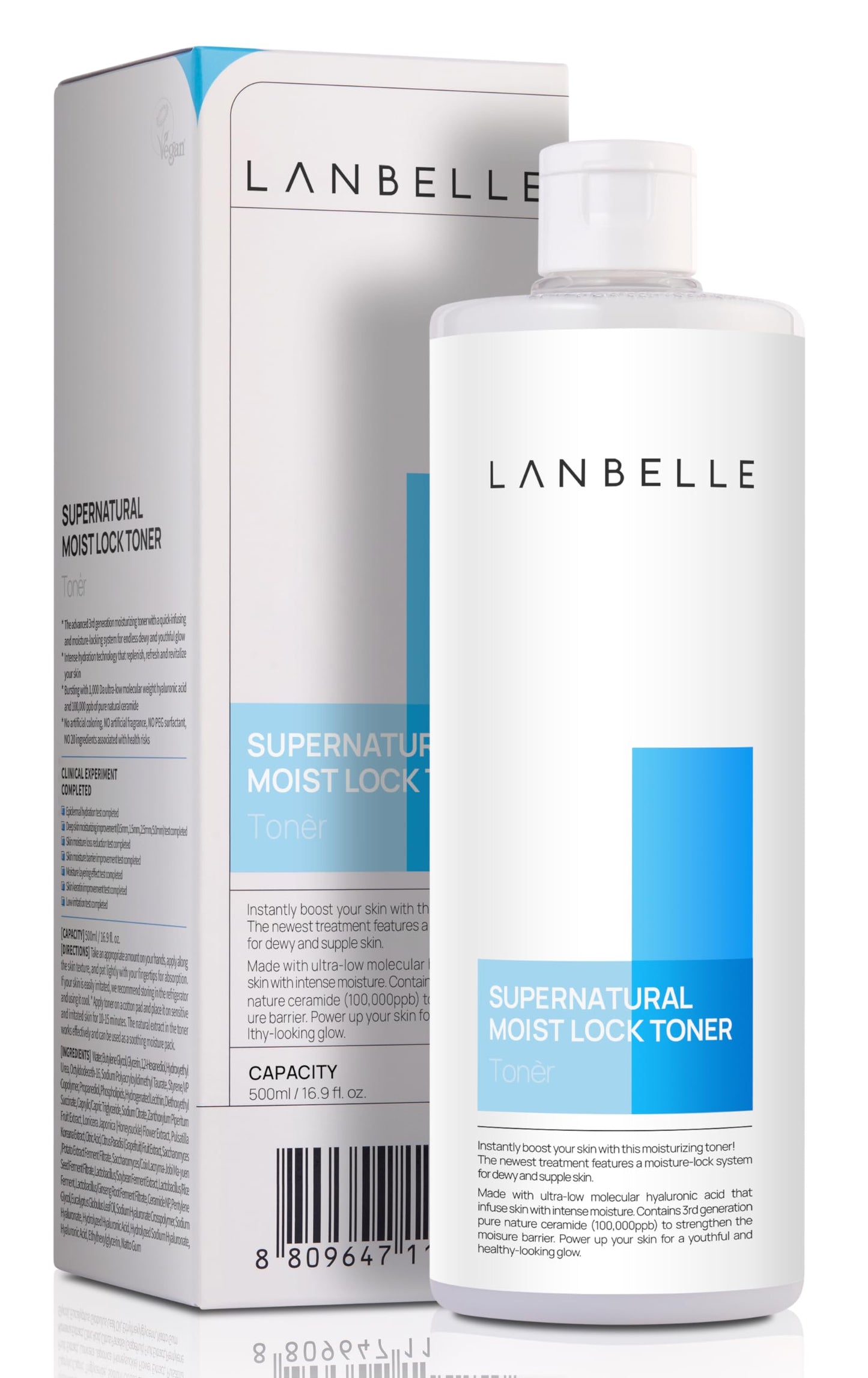 LANBELLE Supernatural Deep Moisture Facial Essence Toner 16.9 Oz Hyaluronic Acid-1k DA Ceramide Hypoallergenic pH 5.5 No-Stickiness Quick-Absorbing for Dry Sensitive Acne-Prone Skin Korean Skincare