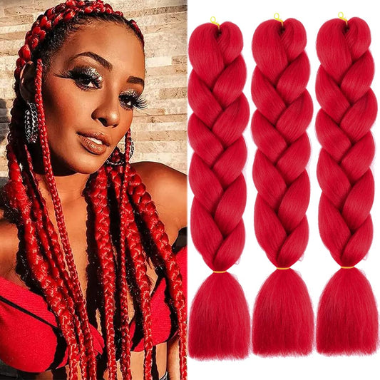 DOREN Jumbo Braids Colorful Hair Extensions for Black Women DIY Crochet Box Braiding with Crochet Hook 100g/pc 3 Pieces/Lot(24 Inch, A12 Red Color)