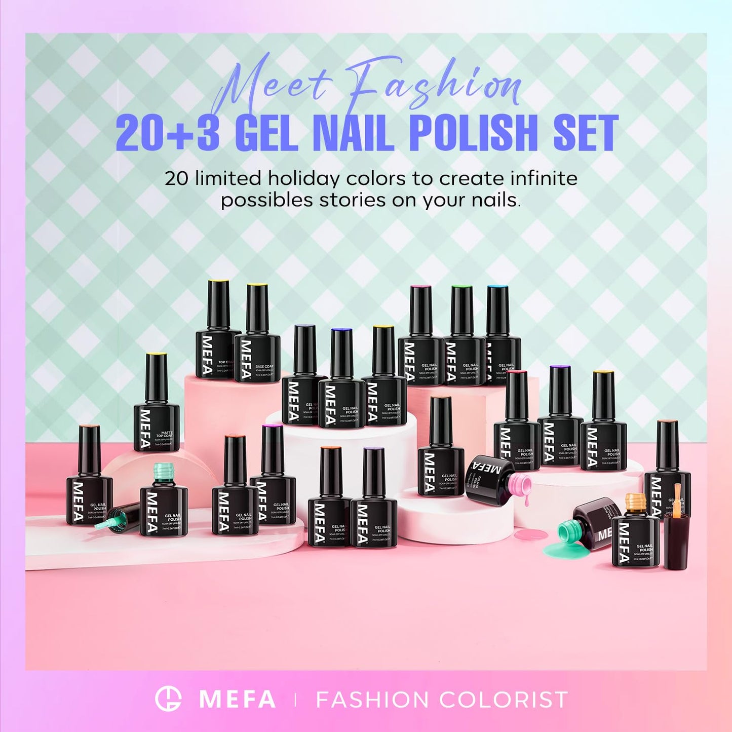 MEFA 23 PCS Gel Nail Polish Set, 20 Colors Neon Gel Polish with Glossy & Matte Top Base Coat, Summer Gel Nail Polish Colors Bright Yellow Hot Pink Navy Blue Green Nails Gifts for Women DIY Salon Home