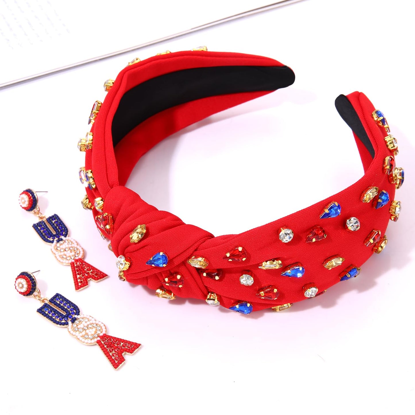 YAHPERN 4th of July Headbands for Women American Flag Headband Patriotic Red Blue White Beaded USA Headband Jeweled Crystal Pearl Knotted Headband 4th of July Hair Accessories Gifts (USA 2)