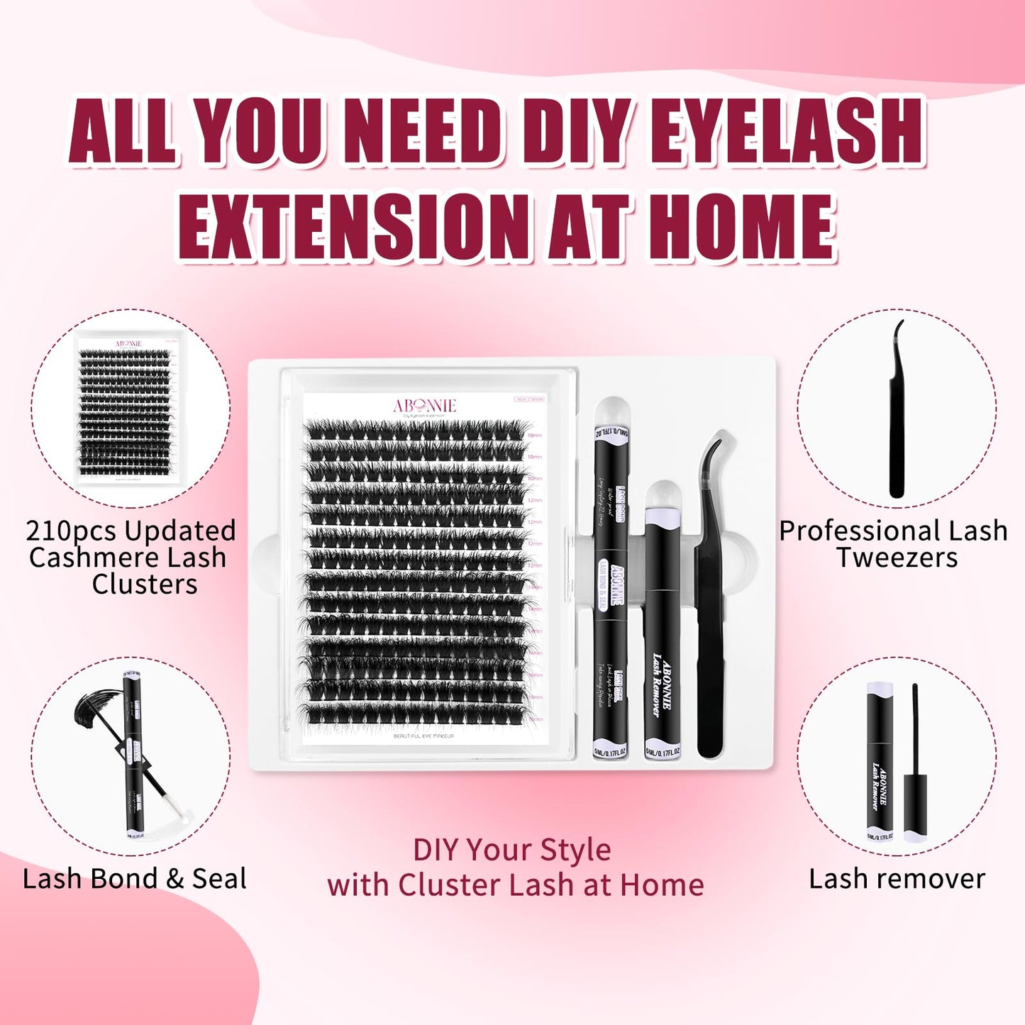 ABONNIE DIY Lash Extension Kit,Cluster lash Extensions Kit, 10-16mm Mix Wispy Lash Clusters, 100D D Curl Lash Clusters Kit with Bond and Seal and Tweezer and Remover,at Home Lash Extensions Kit