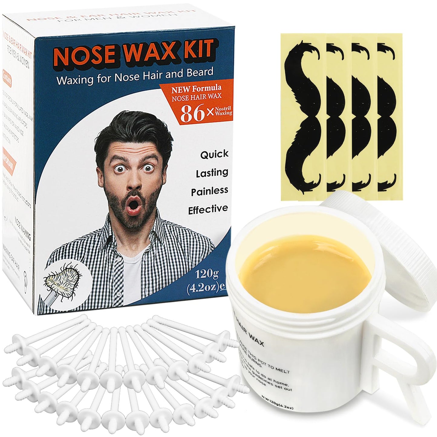 Nose Wax Kit, Best Value 120g Nose Hair Waxing Kit for Men With 42 Nose Wax Sticks, Hypoallergenic Home Waxing Kit for Women Men 21 Post Waxing Balm Wipes, 21 Mustache Guards, Nose and Ear Wax Kit Men