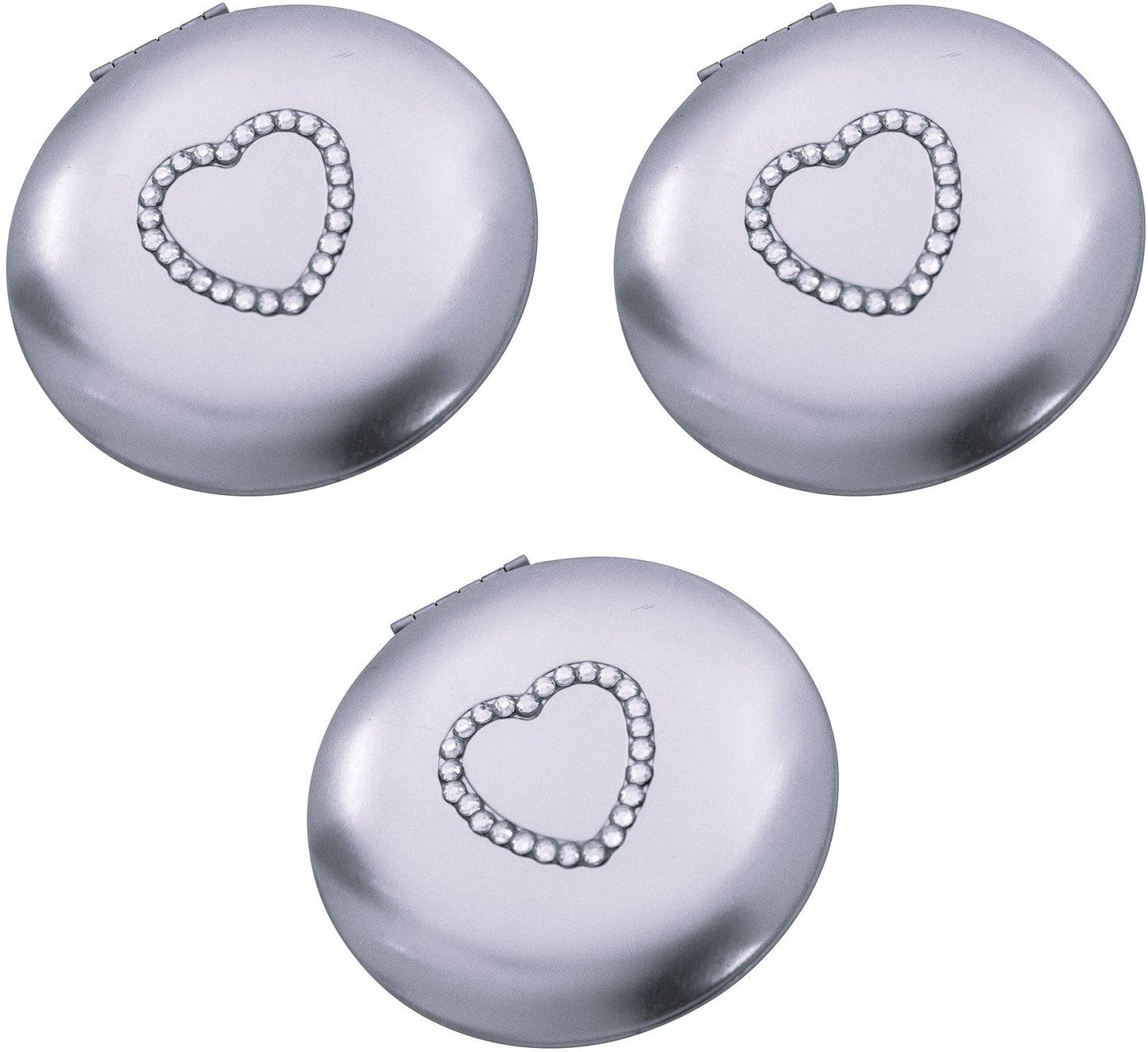 Stephanie Imports Set of 3 Slim Heart-Shaped Double Sided Magnifying Compact Mirrors (Silver with Rhinestone Heart, Small)