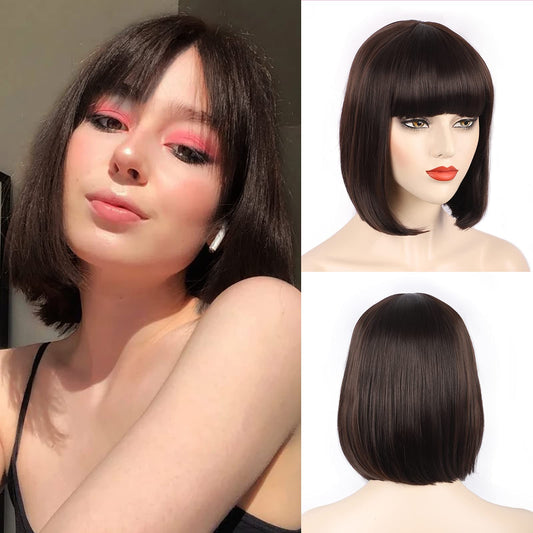 MOSINA Brown Bob Wig - Short Brown Straight Bob Wigs with Bangs for Women, Colorful Short Hair Wig, Cute Synthetic Wig for Cosplay, Daily, Halloween (12inch)…