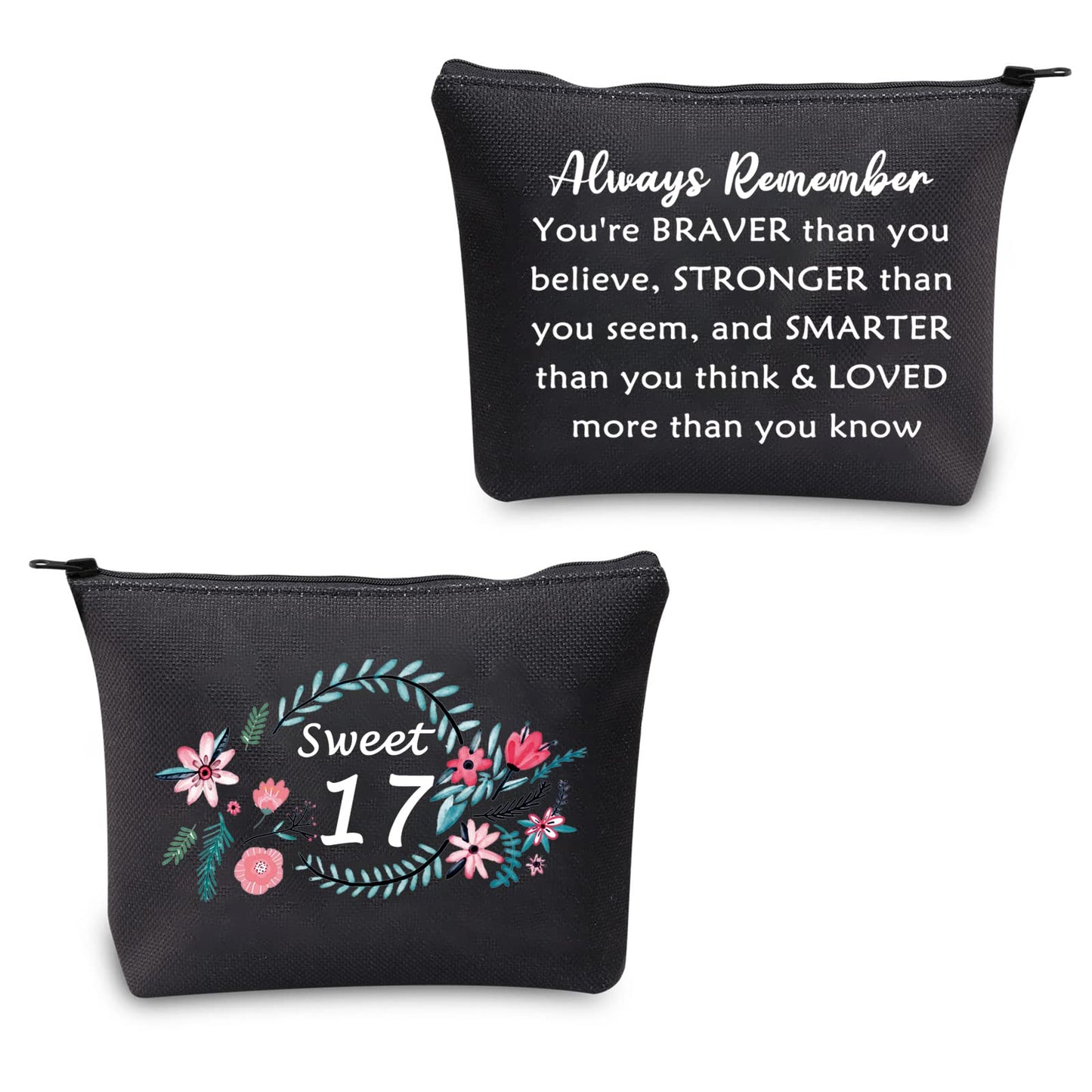 MBMSO Sweet 17 Makeup Bag Happy 17th Birthday Gift Bag 17 Year Old Girl Gifts Inspirational Gifts Black (Sweet 17 Makeup Bag Black)