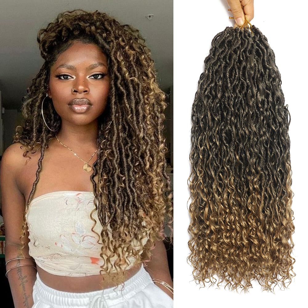 Goddess Locs Crochet Hair 20Inch 4Packs Boho Faux Locs Crochet Braids Pre Looped Hippie River Locs Crotchet Hair For Women Human Hair (20Inch /pack of 4/ #1B/27)