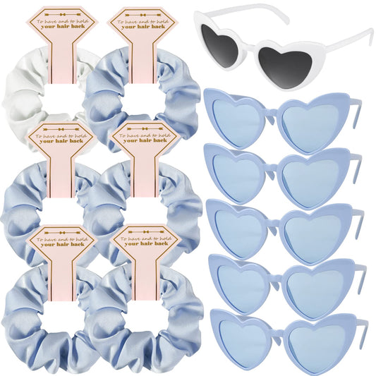 Loanzeg Satin Bridesmaid Scrunchies Bachelorette Hair Ties Set of 6 sunglasses Bridal Shower No Damage Hairties ideas Gift for Wedding Party Favors Bridesmaid Proposal Gifts (White&Dusty Blue)