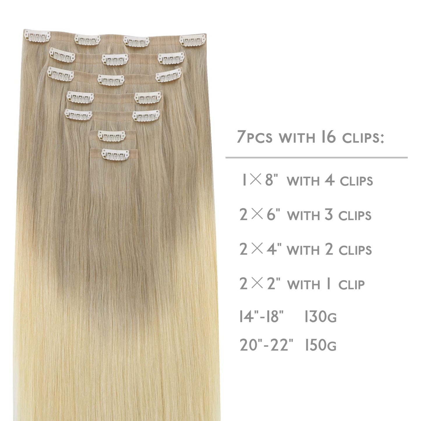 WENNALIFE Seamless Clip In Hair Extensions, 14 Inch 7pcs 130g Ombre Ash Blonde to Golden Blonde Balayage Platinum Blonde Hair Extensions Clip In Invisible PU Weft Real Human Hair Extensions Clip In